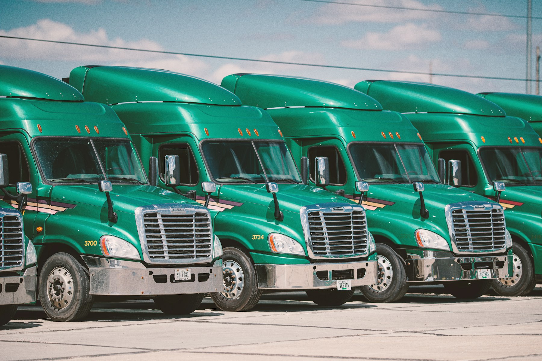 Fleet of commercial trucks parked in a row
